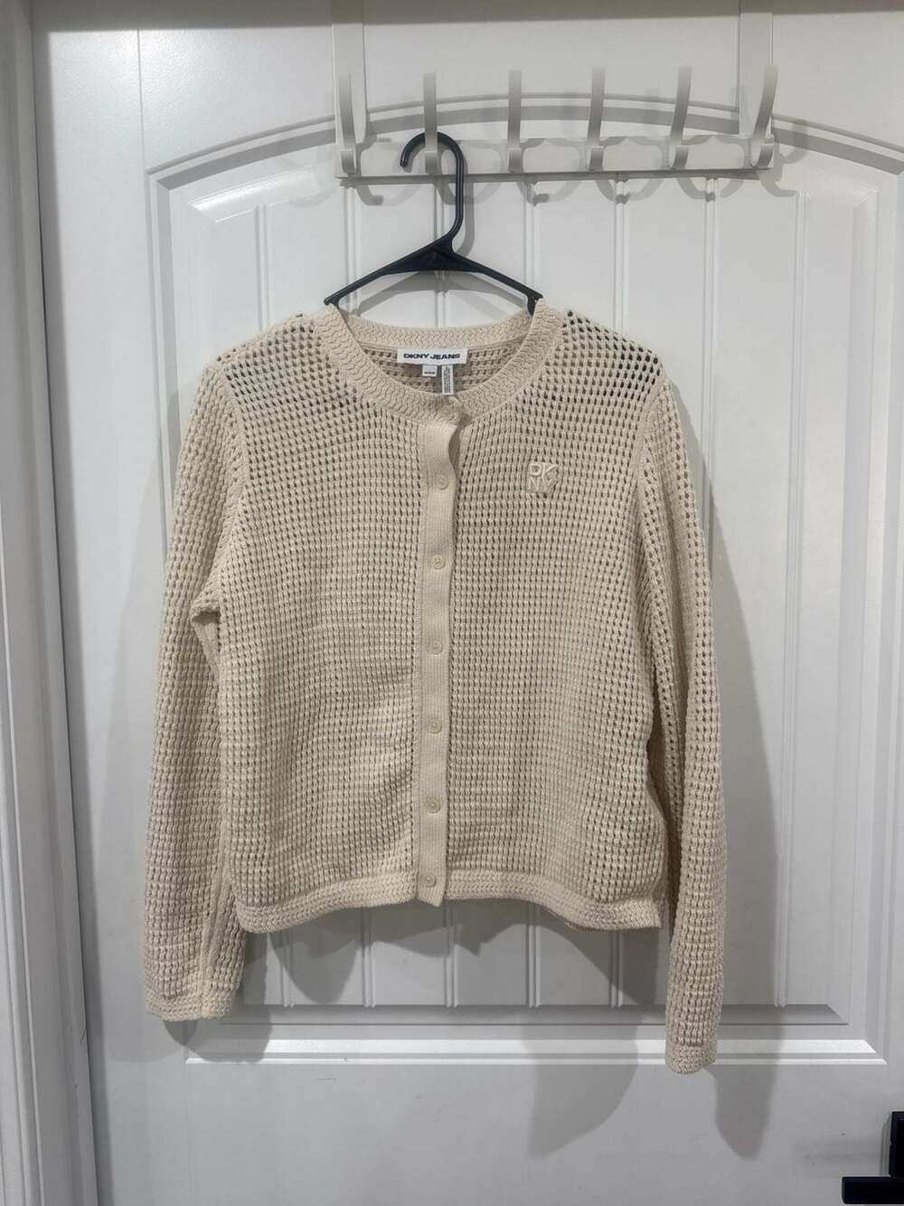 Preppy , Minimalistic, Cream Open Knit Button Front Cardigan Sweater Size Medium